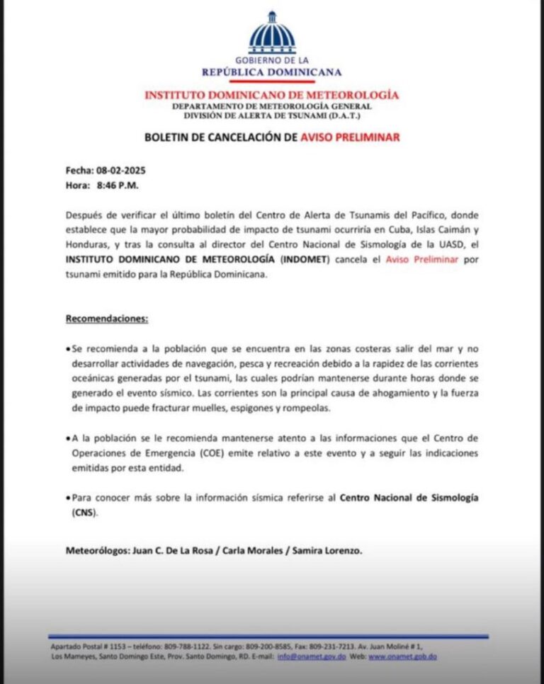 INDOMET cancela aviso preliminar de tsunami para la República Dominicana